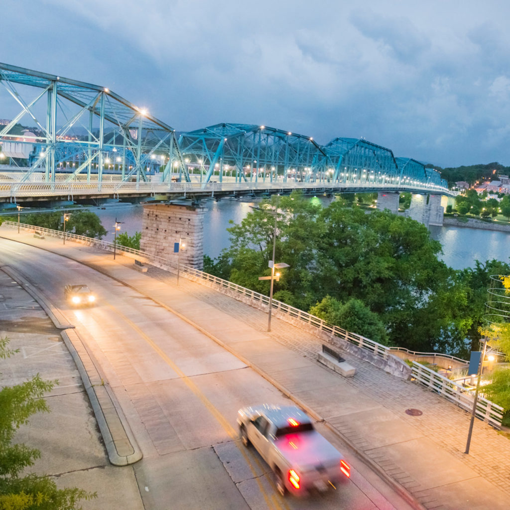 Cars driving in Chattanooga at dusk