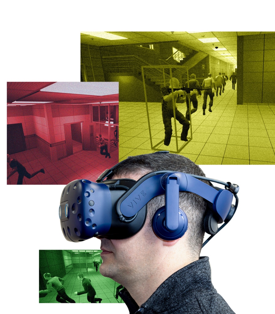 A man wears a virtual reality visor
