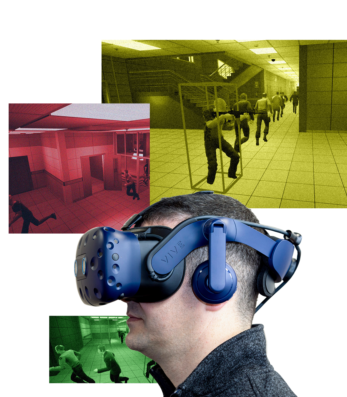 A man wears a virtual reality visor