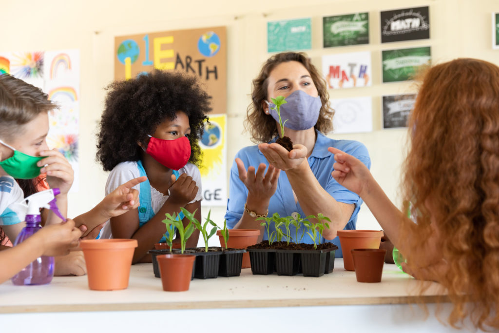 a teacher and students wearing face masks study plant life in the classroom