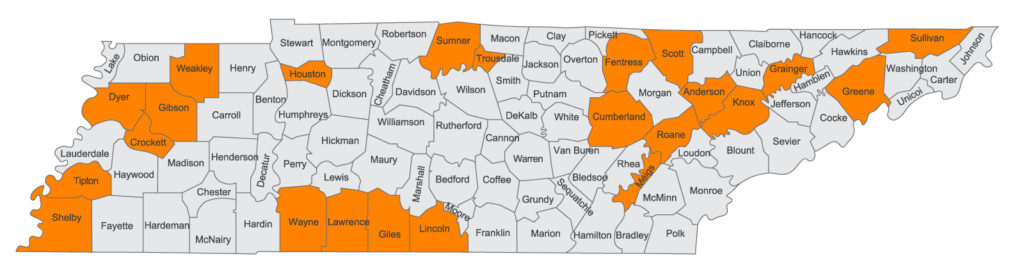 A map of Tennessee with counties painted orange