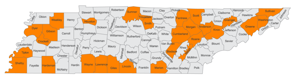 A map of Tennessee with highlighted counties indicating the location of a mural. Most of east Tennessee and several counties along the southern border are highlighted.