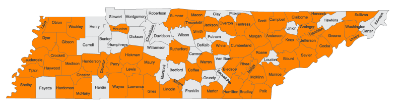 Map showing the counties in the state of Tennessee where murals have been painted, indicated by a shade of orange. A list of these counties can be found further down the page.