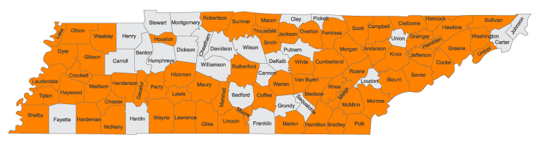 Map showing the counties in the state of Tennessee where murals have been painted, indicated by a shade of orange. A list of these counties can be found further down the page.