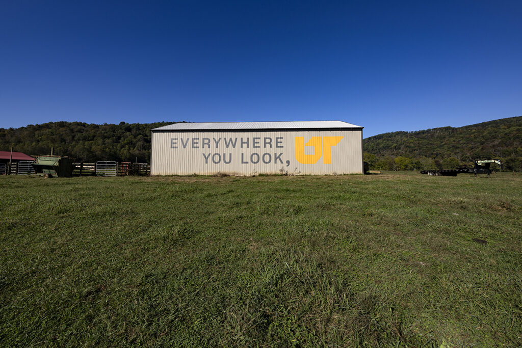 A brown barn with a painted mural.