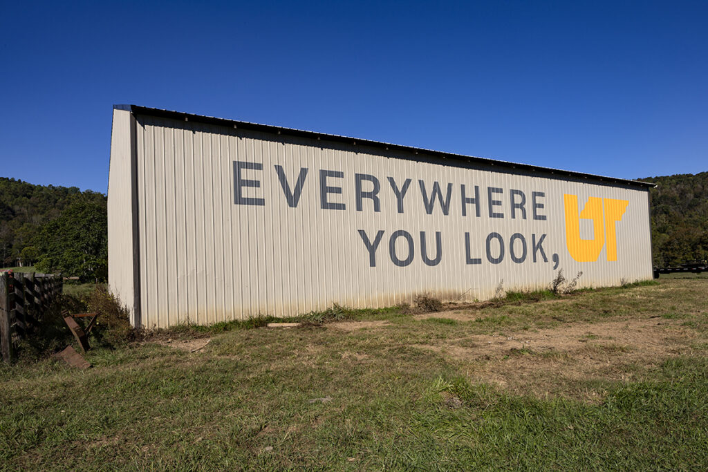 A brown barn with a painted mural.
