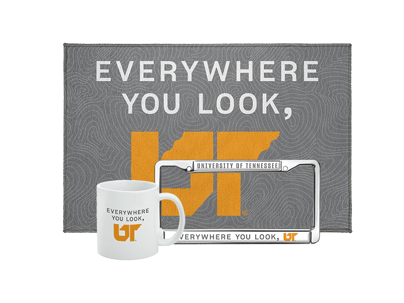 EYL UT storefront merch e.g., mug, lisence plate, and doormat