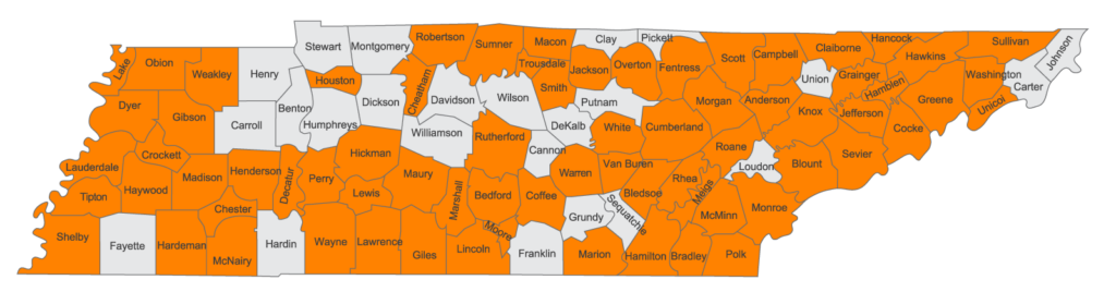Map showing the counties in the state of Tennessee where murals have been painted, indicated by a shade of orange. A list of these counties can be found further down the page.
